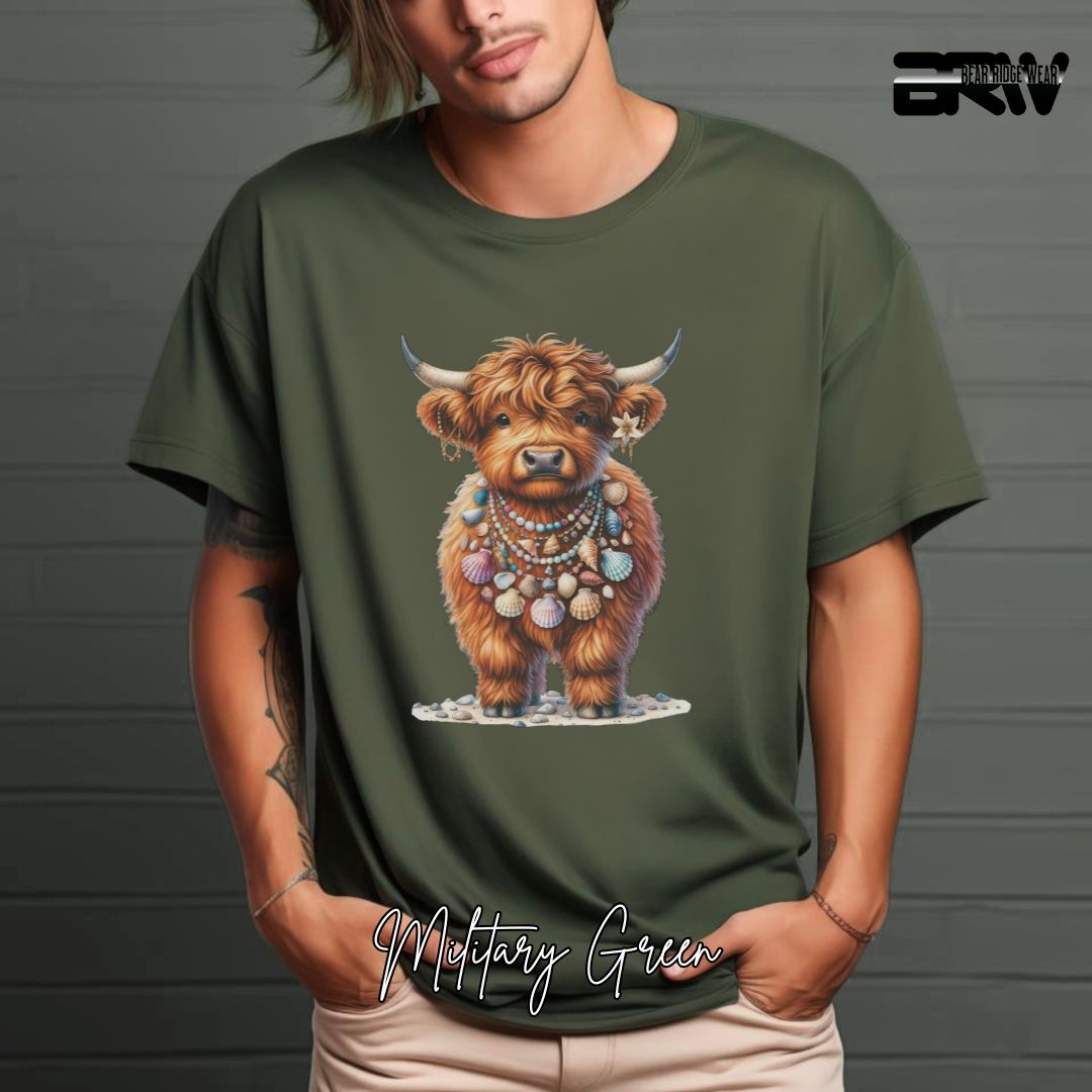 'Highland Cow-Lei Sea Shells' Summer T- Shirt