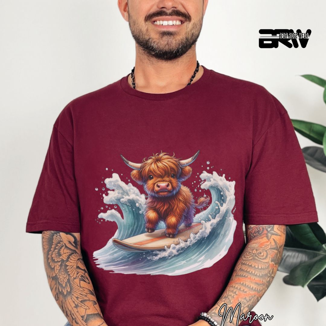 'Highland Cow-Surfing' Summer T- Shirt For Men