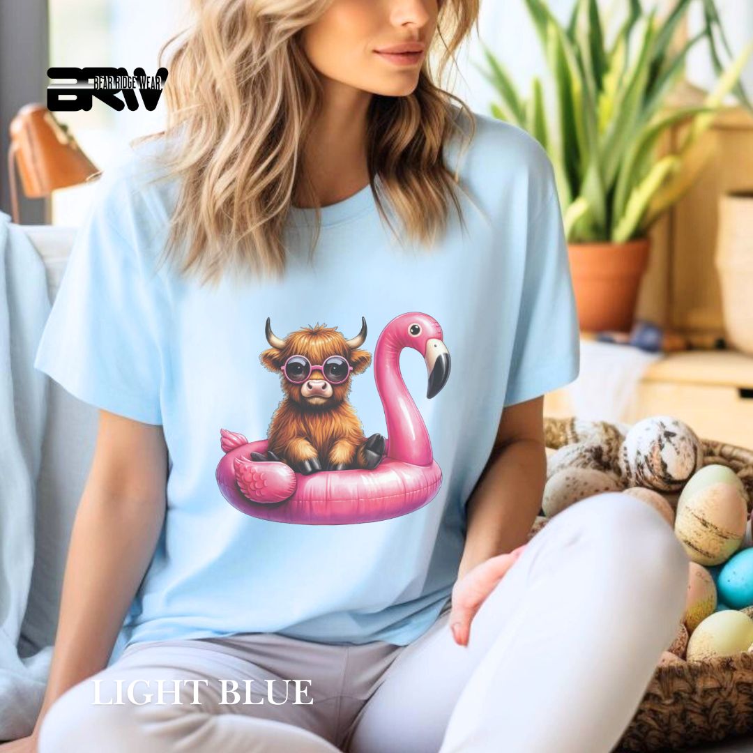 'Highland Cow- Flamingo Float' 2 Summer Tee