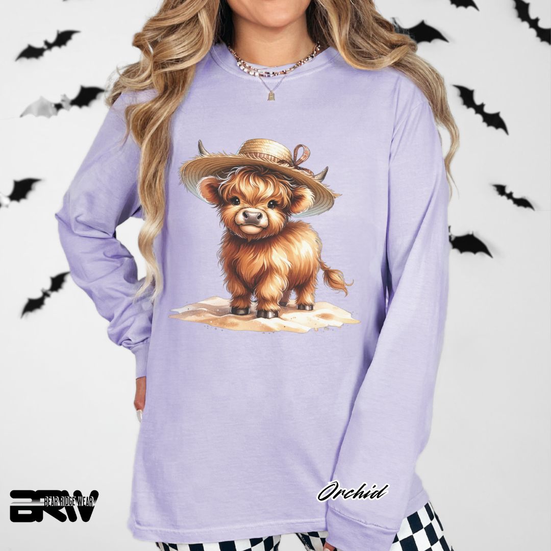 'Highland Cow-Sun Hat' Summer Long Sleeve Tee
