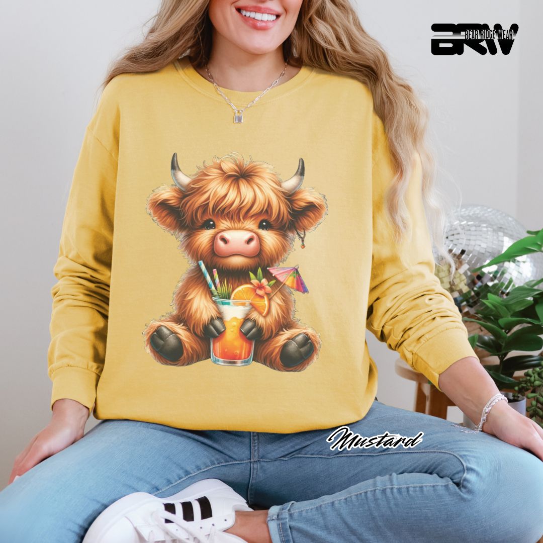 'Highland Cow- Tropical Drink' Summer Long Sleeve Tee