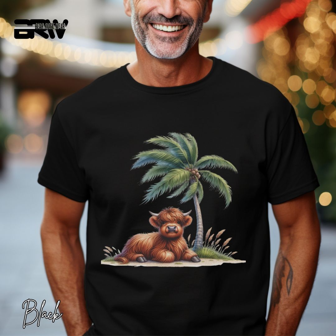 'Highland Cow-Palm Tree' Summer T- Shirt