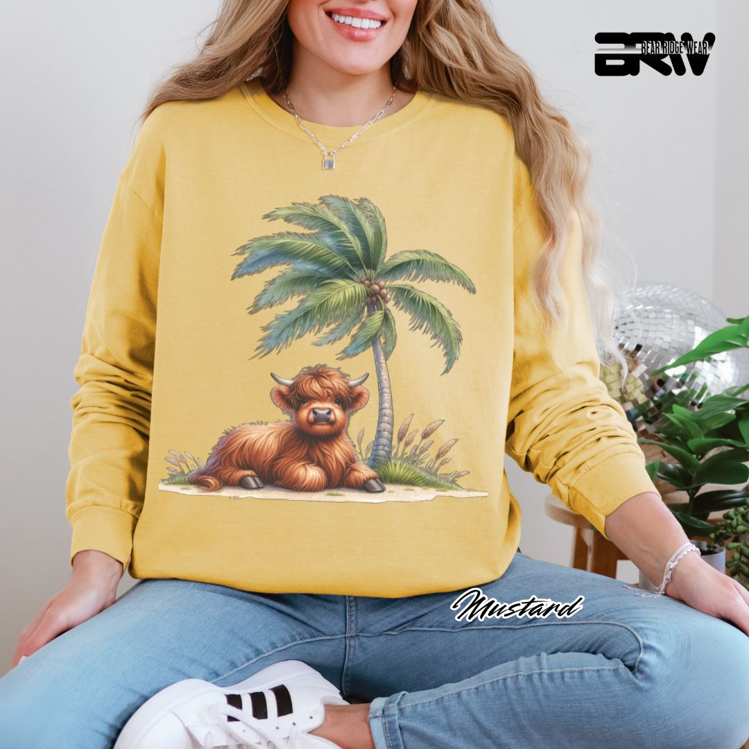 'Highland Cow- Palm Tree' Summer Long Sleeve Tee