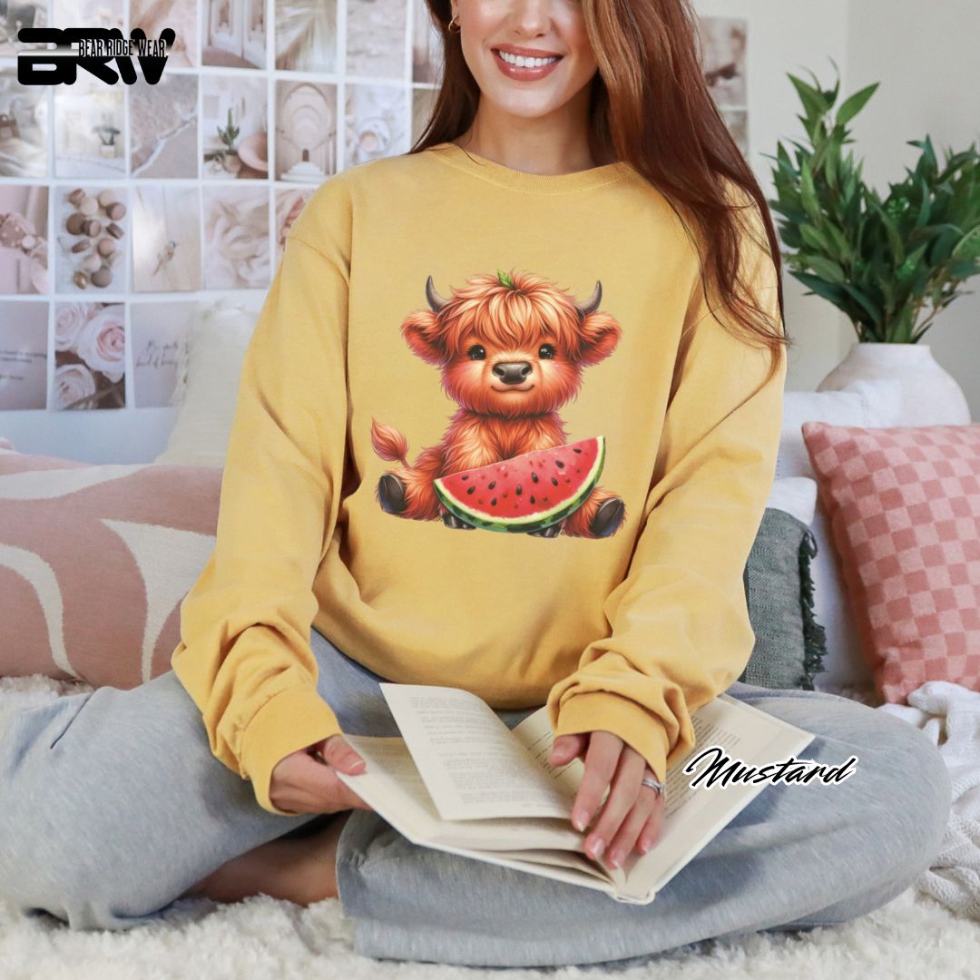'Highland Cow-Watermelon' Summer Long Sleeve Tee