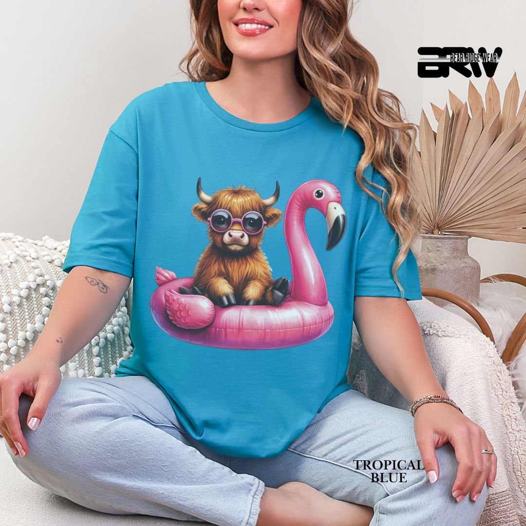 'Highland Cow- Flamingo Float' 3 Summer Tee