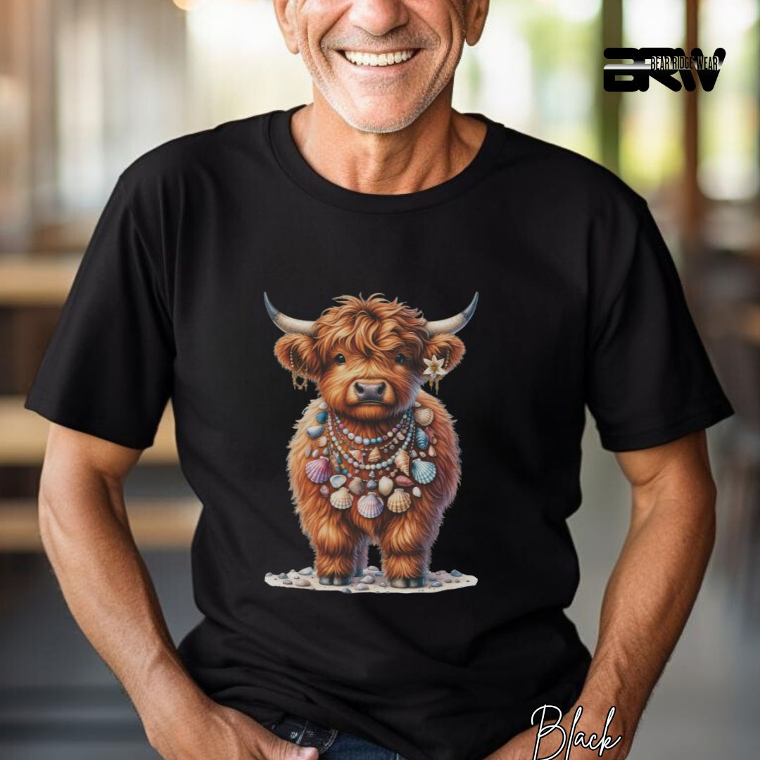 'Highland Cow-Lei Sea Shells' Summer T- Shirt