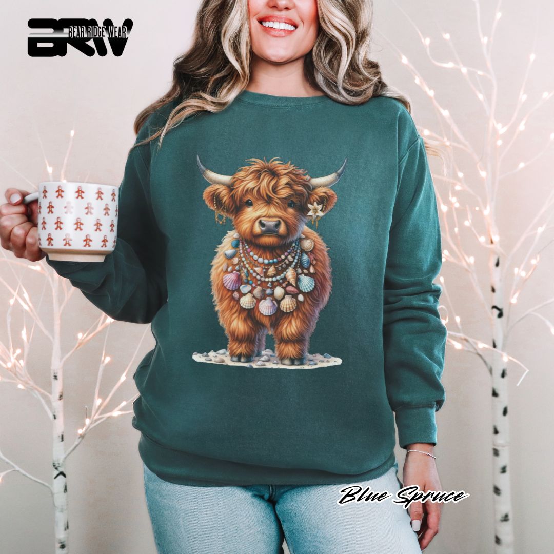 'Highland Cow-Lei-Sea Shells' Summer Crewneck Sweatshirt