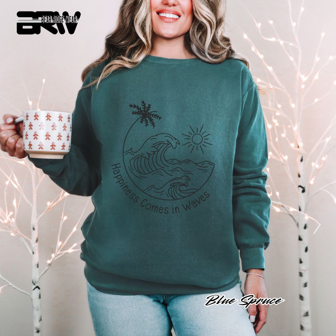 'Happiness Comes In Waves' Black Summer Crewneck Sweatshirt