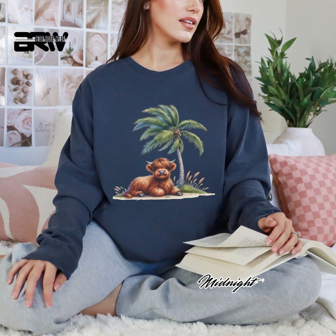 'Highland Cow- Palm Tree' Summer Long Sleeve Tee
