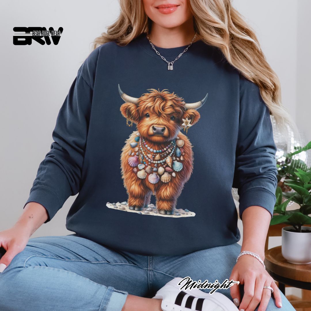 'Highland Cow-Lei Sea Shells' Summer Long Sleeve Tee