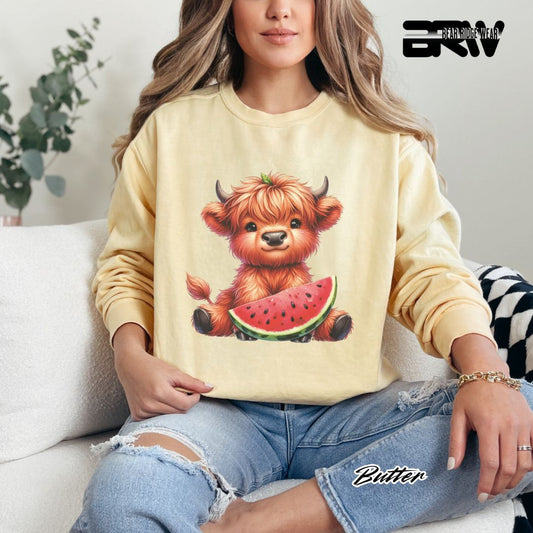 'Highland Cow-Watermelon' Summer Crewneck Sweatshirt