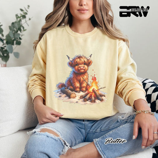 'Highland Cow-Bonfire' Black Summer Long Sleeve Tee
