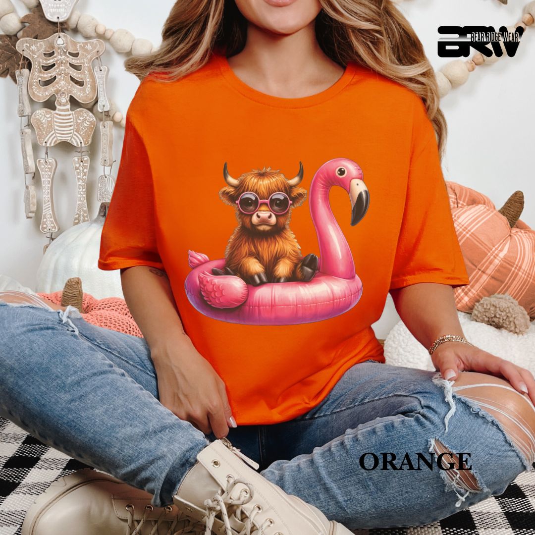 'Highland Cow-Flamingo Float'  Summer Tee