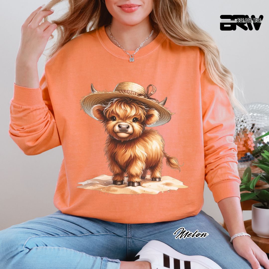 'Highland Cow-Sun Hat' Summer Long Sleeve Tee