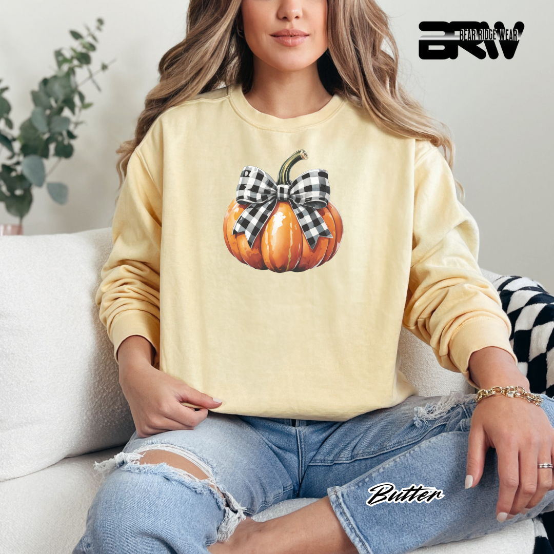 'Pumpkin With plaid Bow' Fall Long Sleeve Tee