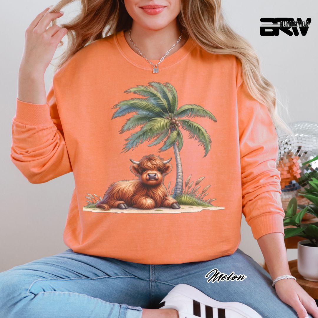 'Highland Cow- Palm Tree' Summer Long Sleeve Tee