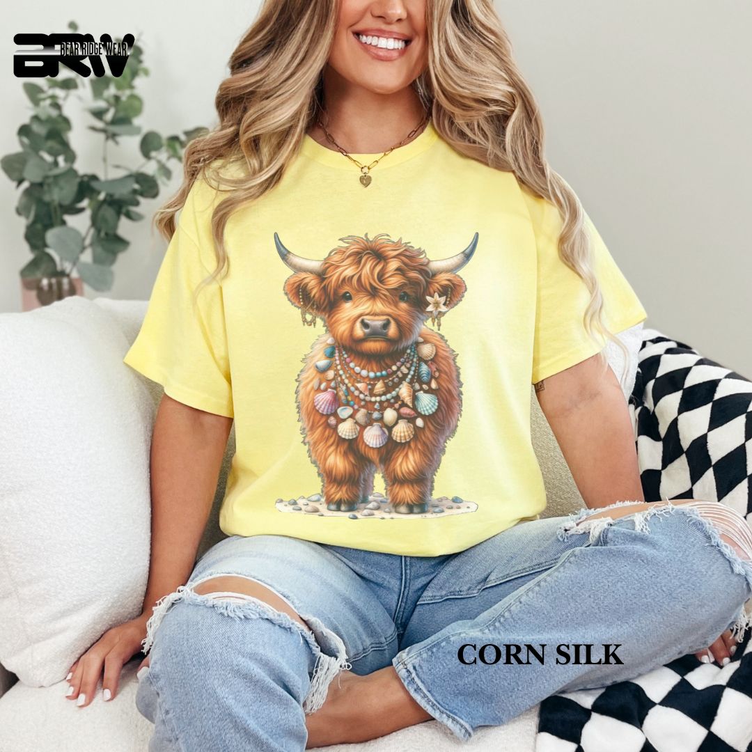 'Highland Cow-Lei Sea Shells' 3 Summer Tee
