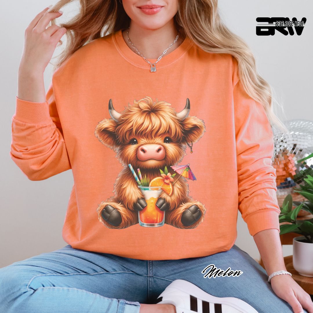 'Highland Cow- Tropical Drink' Summer Long Sleeve Tee