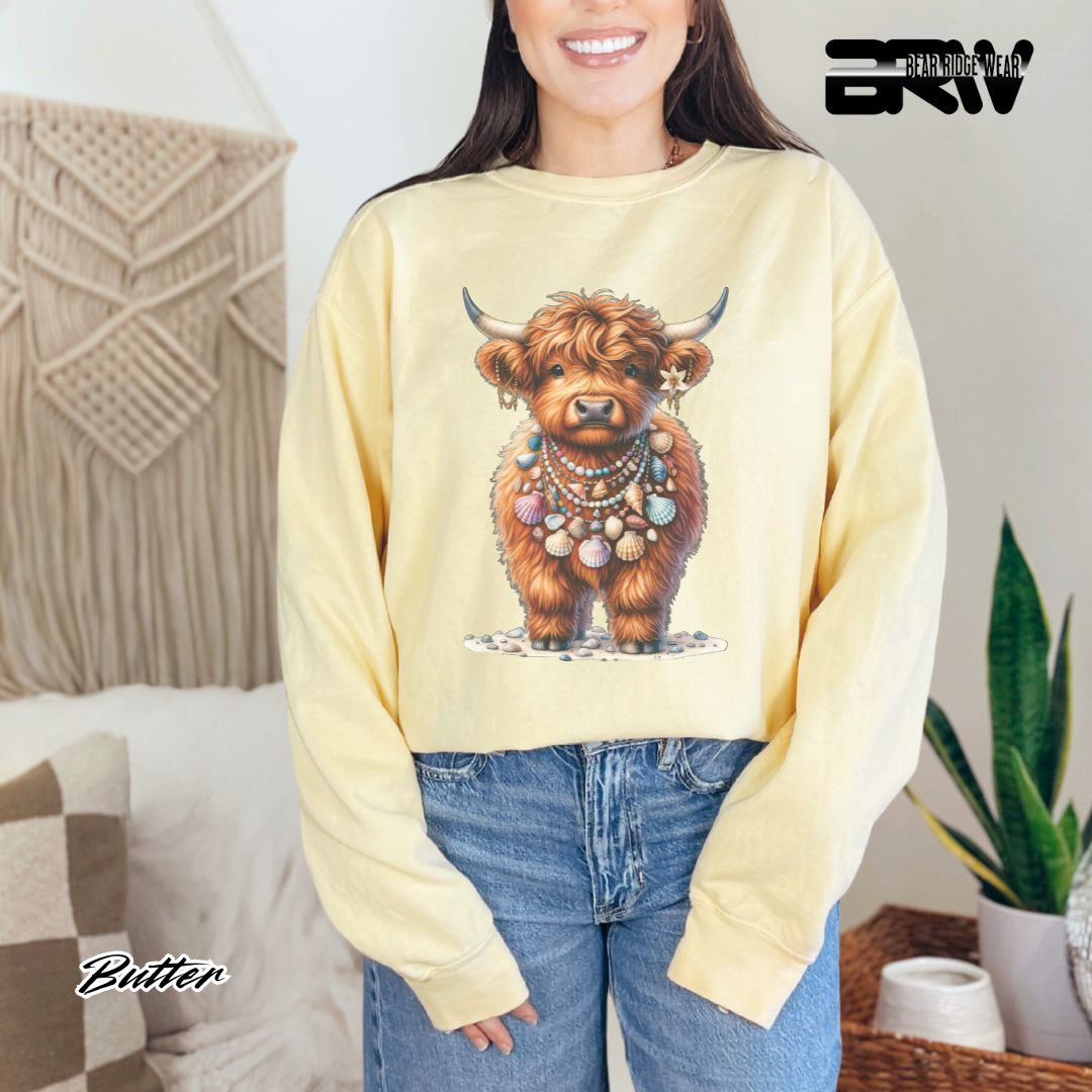 'Highland Cow-Lei-Sea Shells' Summer Crewneck Sweatshirt