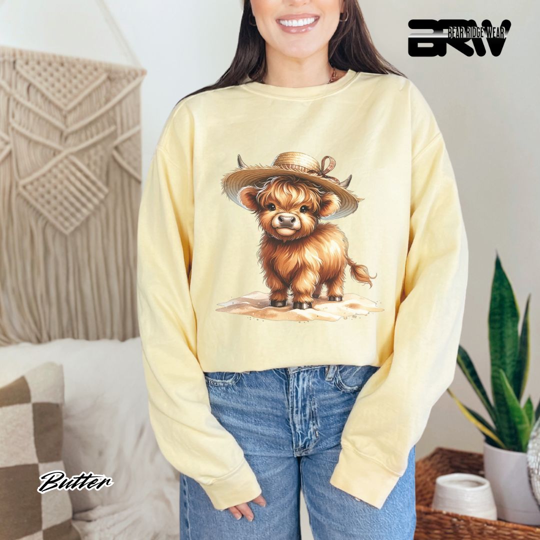 'Highland Cow-Sun Hat' Summer Long Sleeve Tee