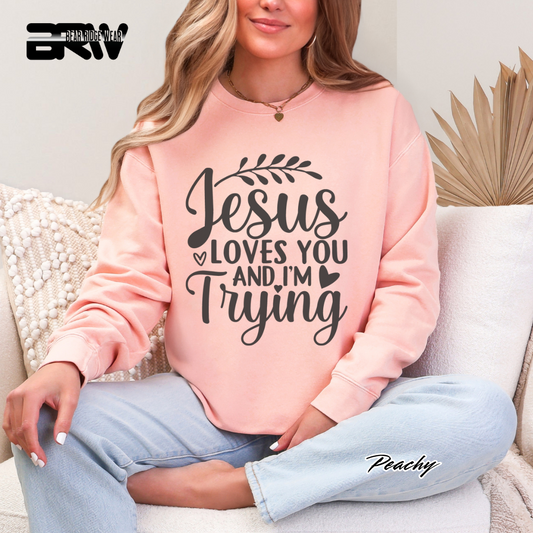 'Jesus Loves You And I'm Trying' Faith Crewneck Sweatshirt