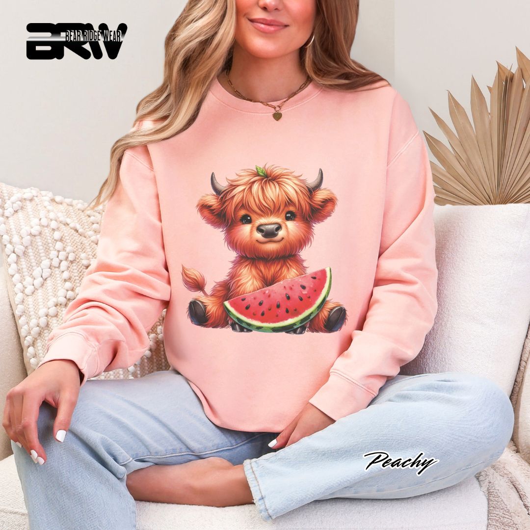 'Highland Cow-Watermelon' Summer Crewneck Sweatshirt