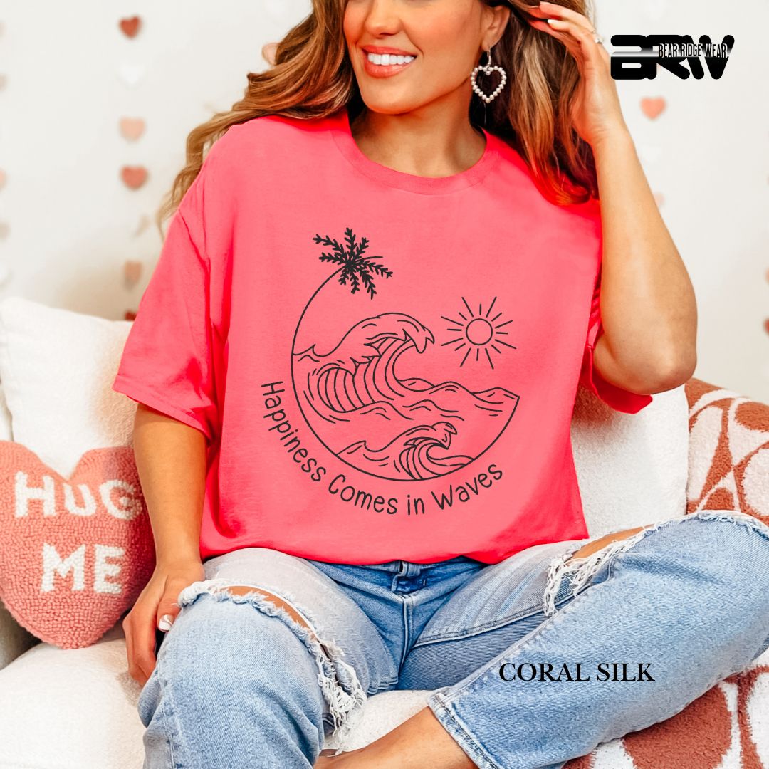 'Happiness Comes In Waves' Black Color Summer Tee