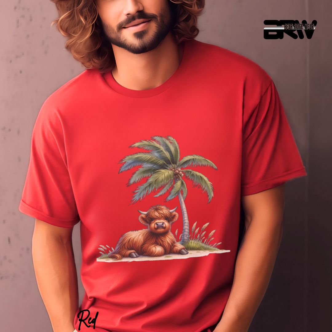 'Highland Cow-Palm Tree' Summer T- Shirt
