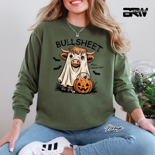 Person wearing a green sweatshirt with a cow graphic and 'BULLSHEET' text, sitting indoors.