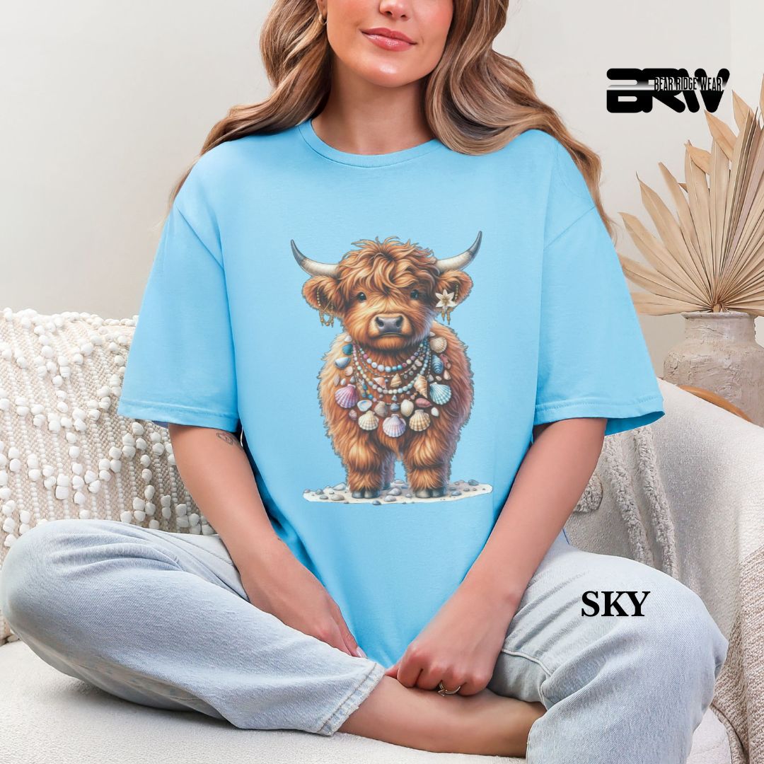 'Highland Cow-Lei Sea Shells' 3 Summer Tee