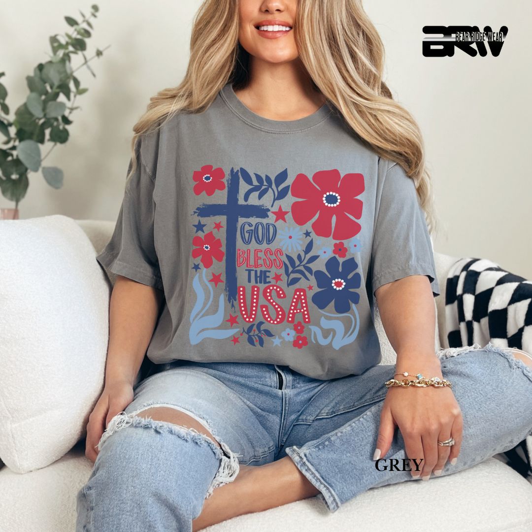 God Bless The USA-Cross Flowers- Patriotic Tee
