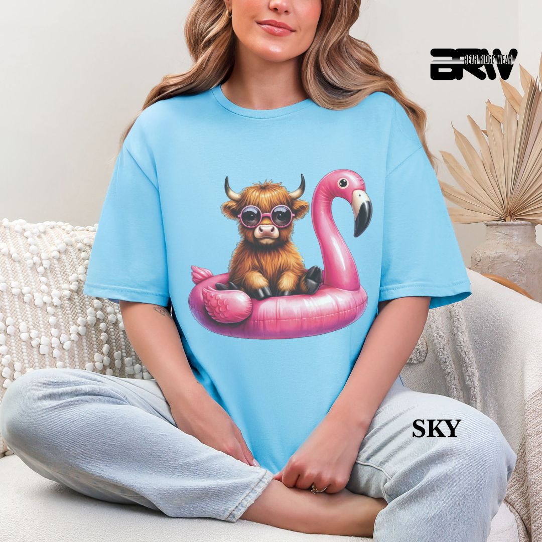'Highland Cow- Flamingo Float' 3 Summer Tee