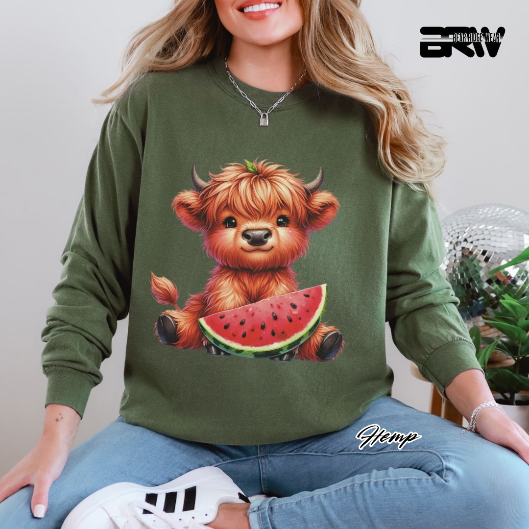 'Highland Cow-Watermelon' Summer Long Sleeve Tee