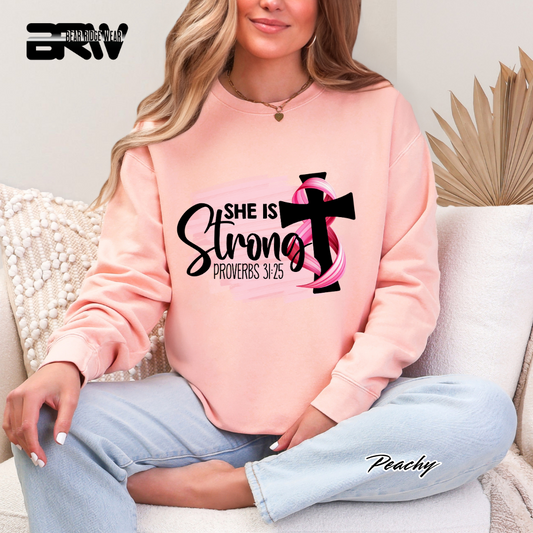 'She Is Strong, Proverbs 31:25' Awareness Crewneck Sweatshirt