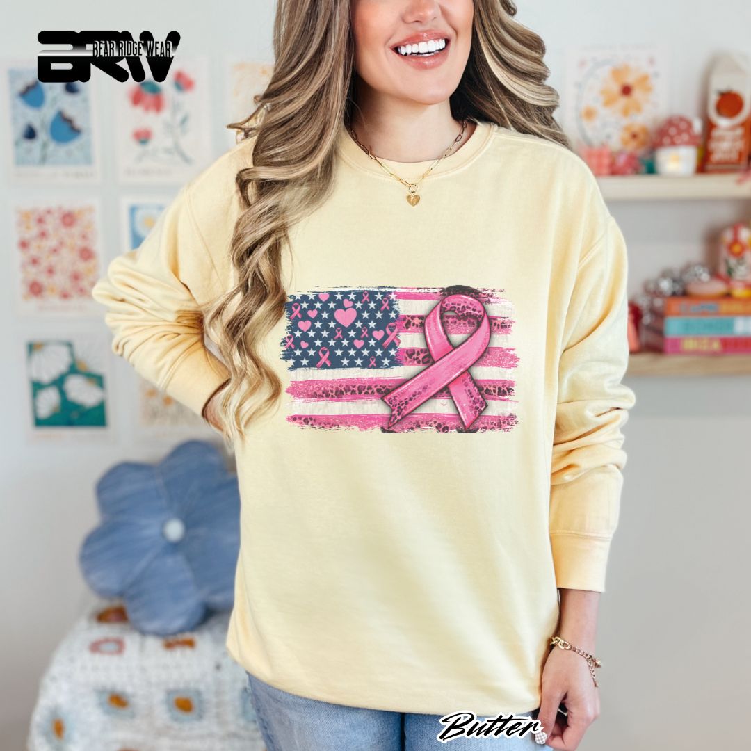 'USA Flag With Pink Ribbon' Awareness Long Sleeve Tee