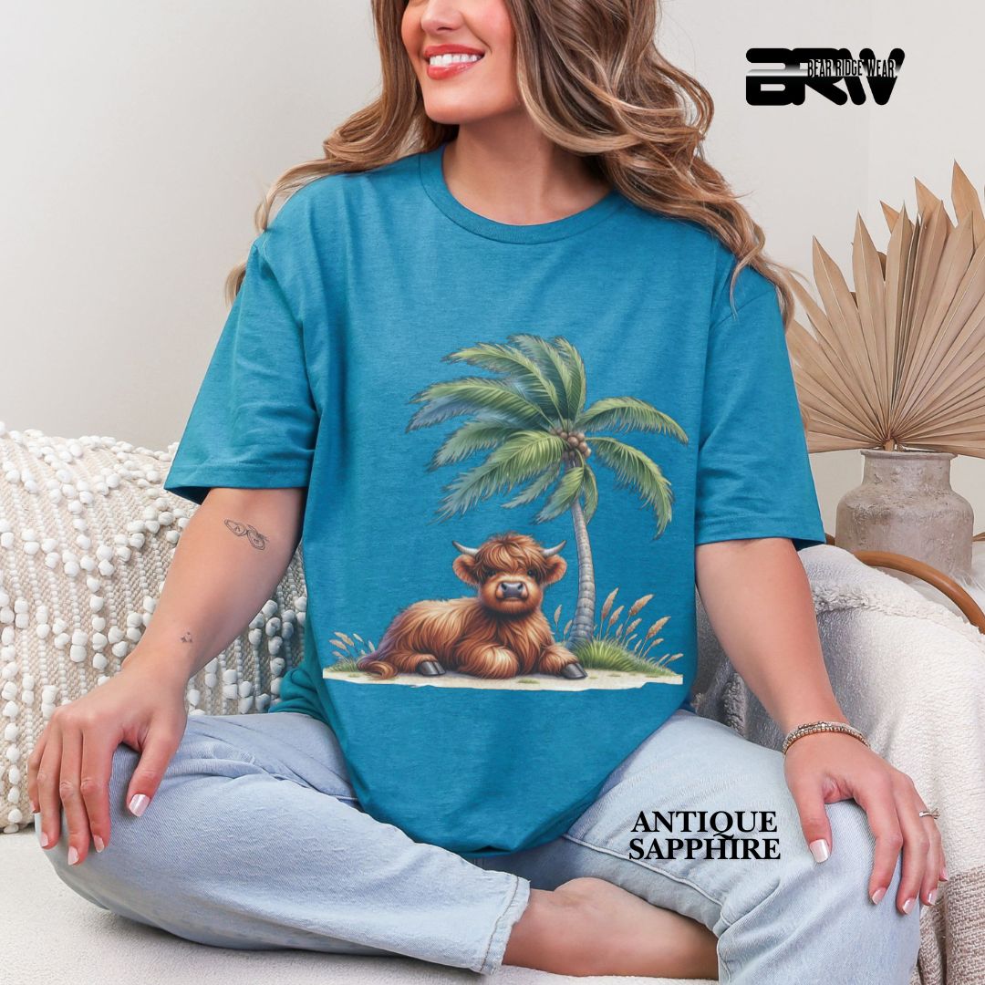 'Highland Cow-Palm Tree' 3 Summer Tee