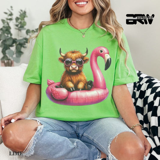 'Highland Cow-Flamingo Float'  Summer Tee