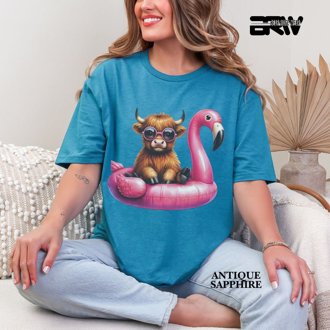 'Highland Cow- Flamingo Float' 3 Summer Tee