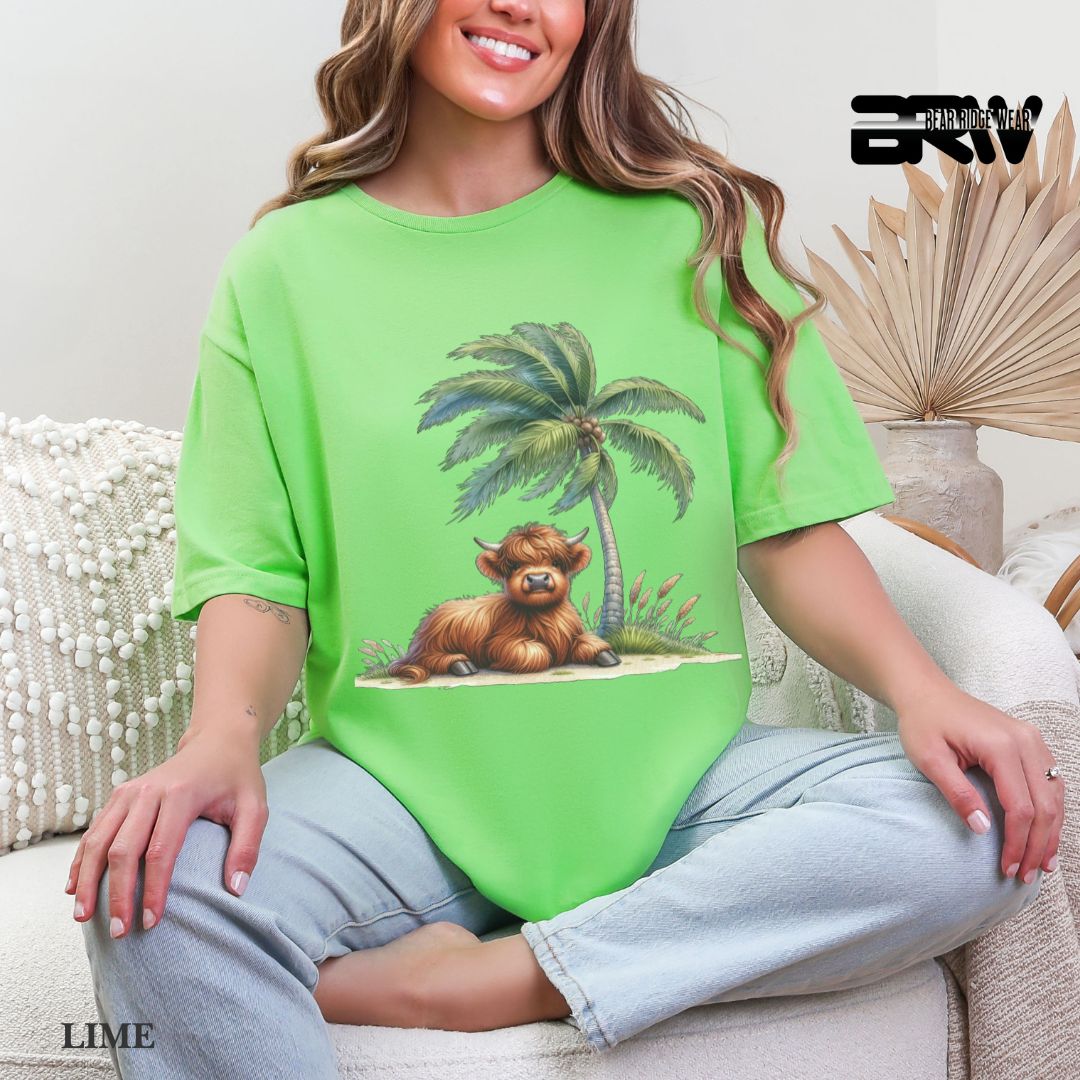 'Highland Cow-Palm Tree'  Summer Tee