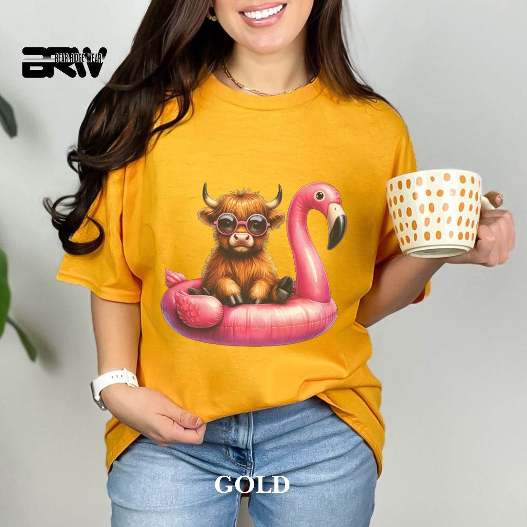 'Highland Cow- Flamingo Float' 2 Summer Tee