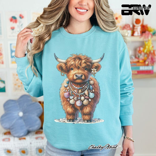 'Highland Cow-Lei-Sea Shells' Summer Crewneck Sweatshirt