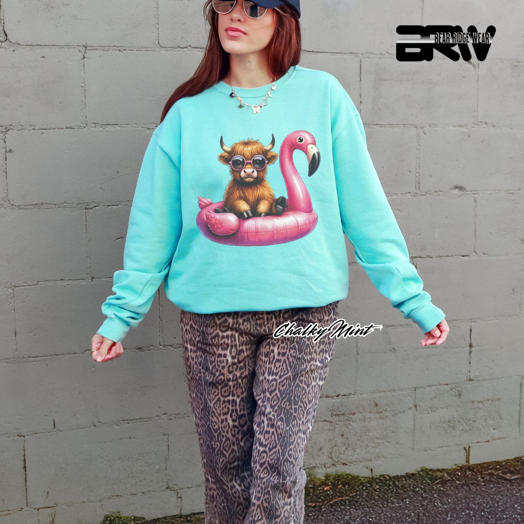 'Highland Cow-Flamingo Float'  Summer Crewneck Sweatshirt