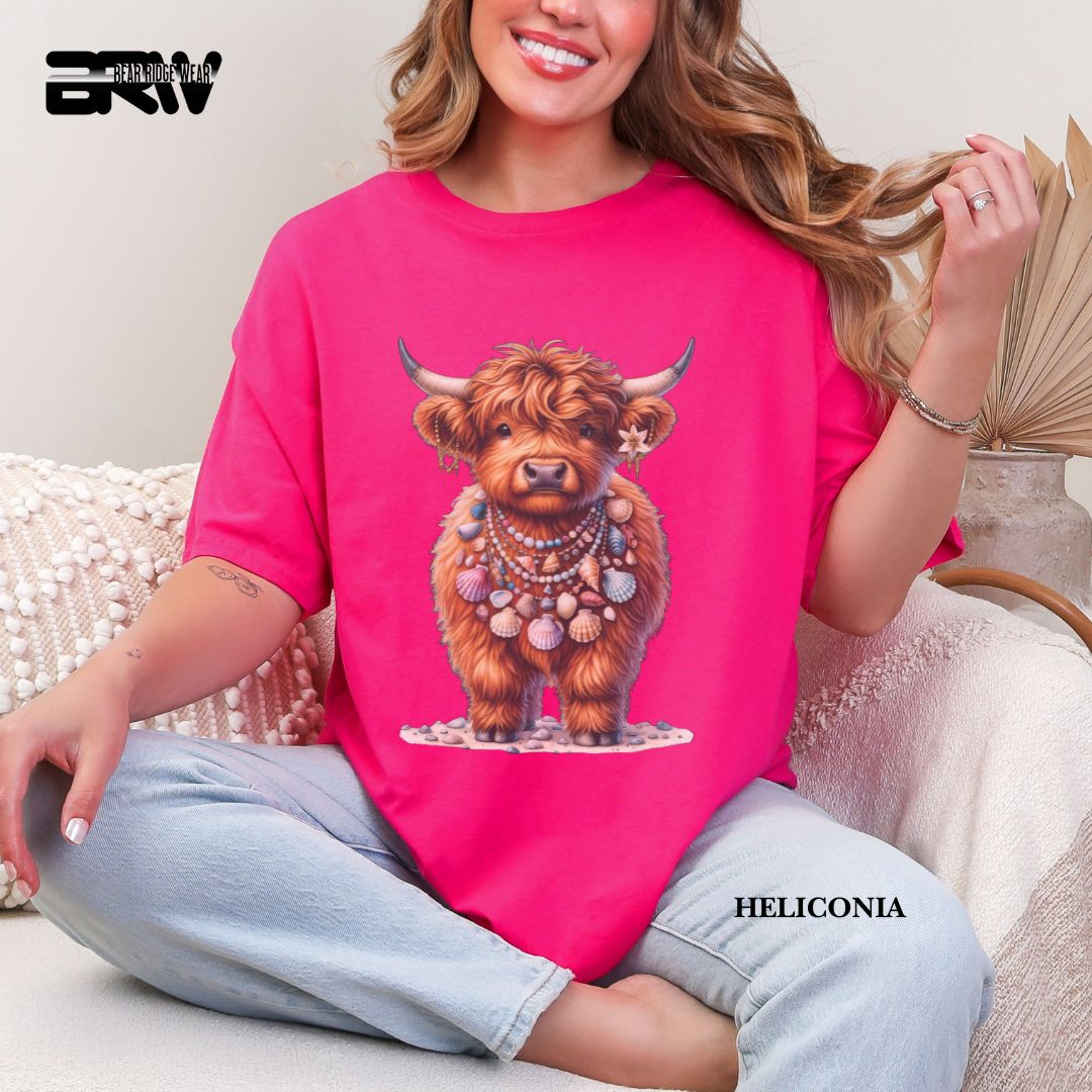 'Highland Cow-Lei Sea Shells' 3 Summer Tee