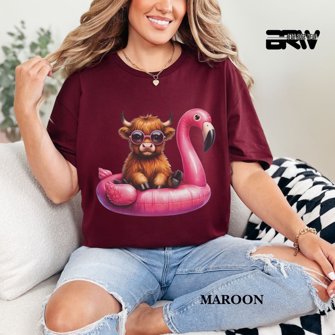 'Highland Cow-Flamingo Float'  Summer Tee