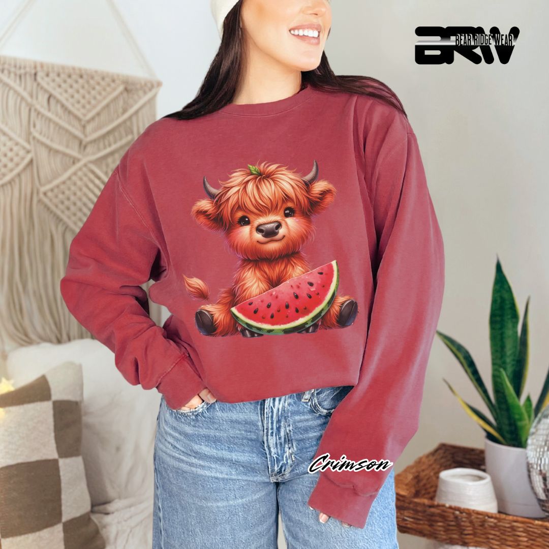'Highland Cow-Watermelon' Summer Long Sleeve Tee
