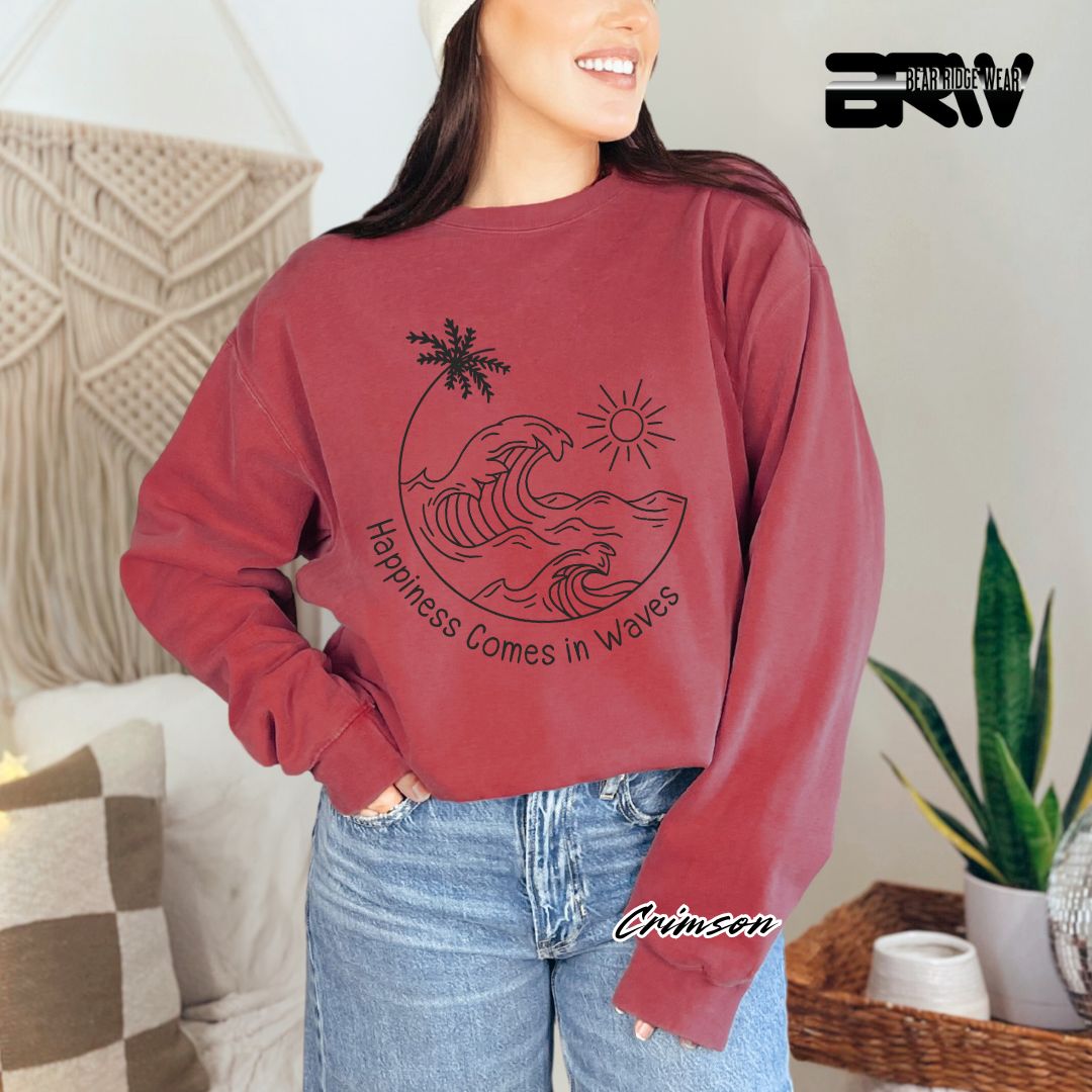 'Happiness Comes In Waves' Black Summer Crewneck Sweatshirt