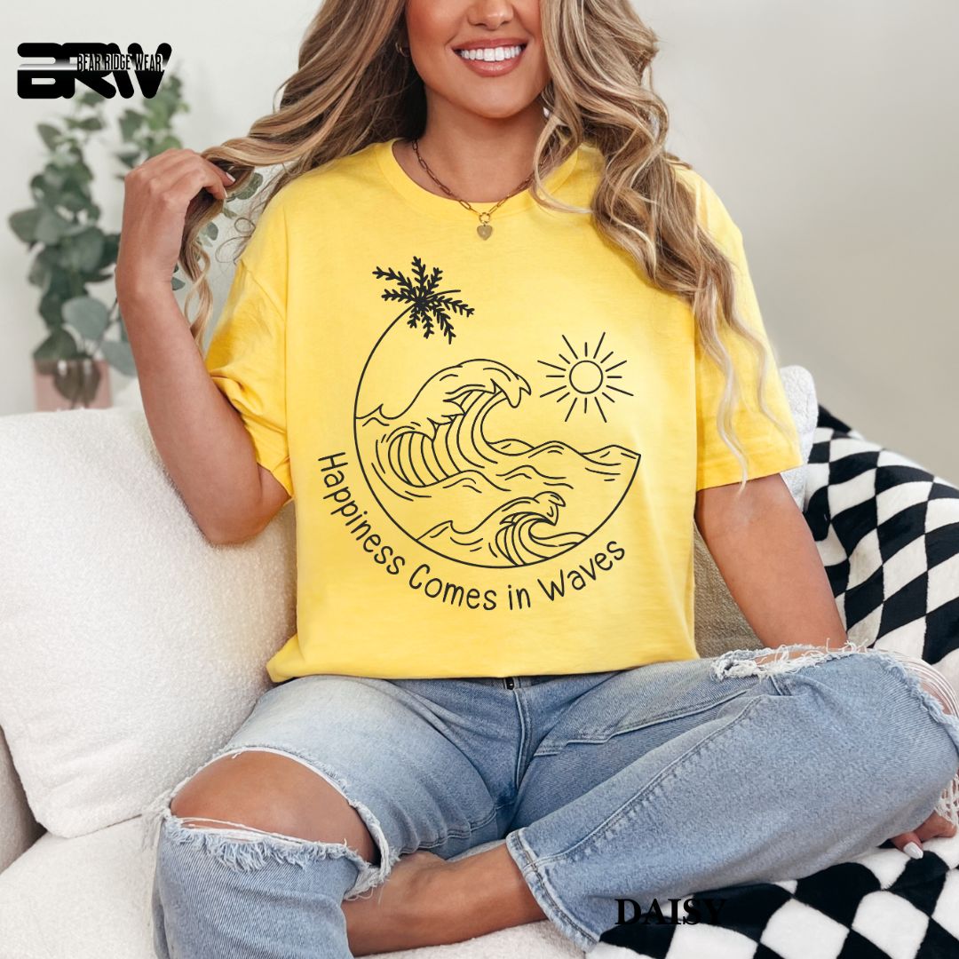 'Happiness Comes In Waves' Black Color Summer Tee