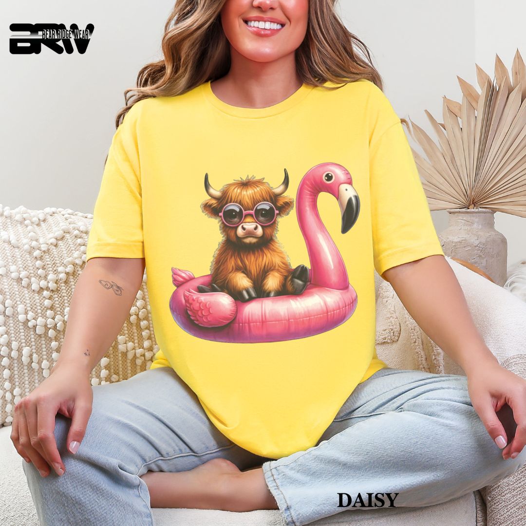 'Highland Cow-Flamingo Float'  Summer Tee