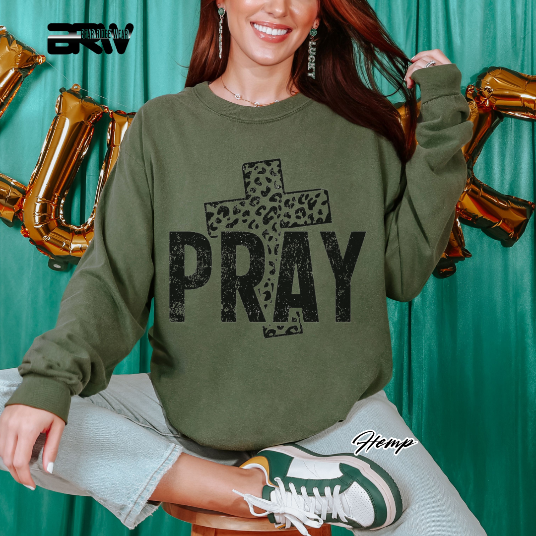 'Pray With Leopard Cross' Faith Long-Sleeve Tee