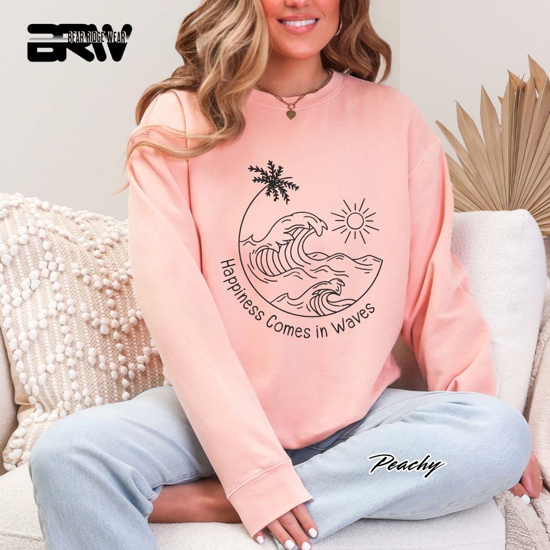 'Happiness Comes In Waves' Black Summer Crewneck Sweatshirt